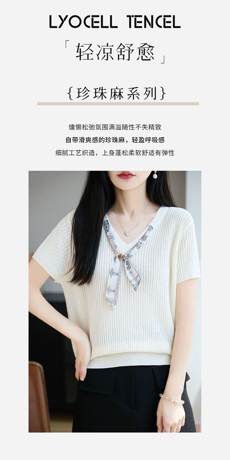 우아함 스카프 V넥 대나무 마디 마 반팔 티셔츠 여성 26 여름 새로운 품격 자이언트 잘 생긴 얇은 스타일 니트 스웨터 맨위 상세 이미지 2
