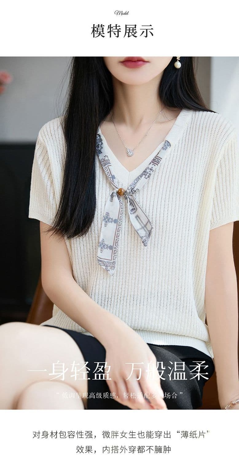 우아함 스카프 V넥 대나무 마디 마 반팔 티셔츠 여성 26 여름 새로운 품격 자이언트 잘 생긴 얇은 스타일 니트 스웨터 맨위 상세 이미지 7