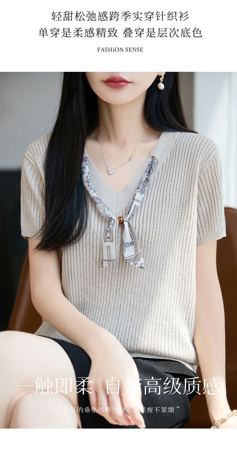 우아함 스카프 V넥 대나무 마디 마 반팔 티셔츠 여성 26 여름 새로운 품격 자이언트 잘 생긴 얇은 스타일 니트 스웨터 맨위 상세 이미지 10