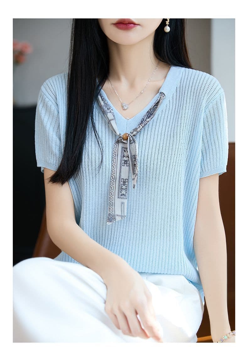 우아함 스카프 V넥 대나무 마디 마 반팔 티셔츠 여성 26 여름 새로운 품격 자이언트 잘 생긴 얇은 스타일 니트 스웨터 맨위 상세 이미지 14