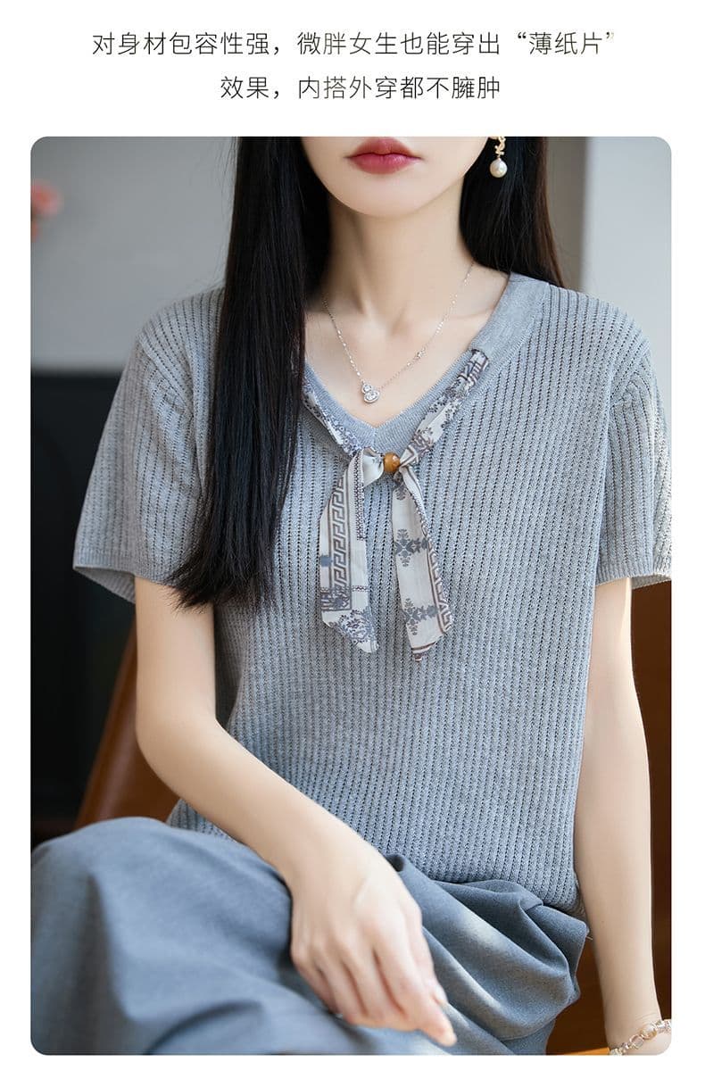 우아함 스카프 V넥 대나무 마디 마 반팔 티셔츠 여성 26 여름 새로운 품격 자이언트 잘 생긴 얇은 스타일 니트 스웨터 맨위 상세 이미지 17