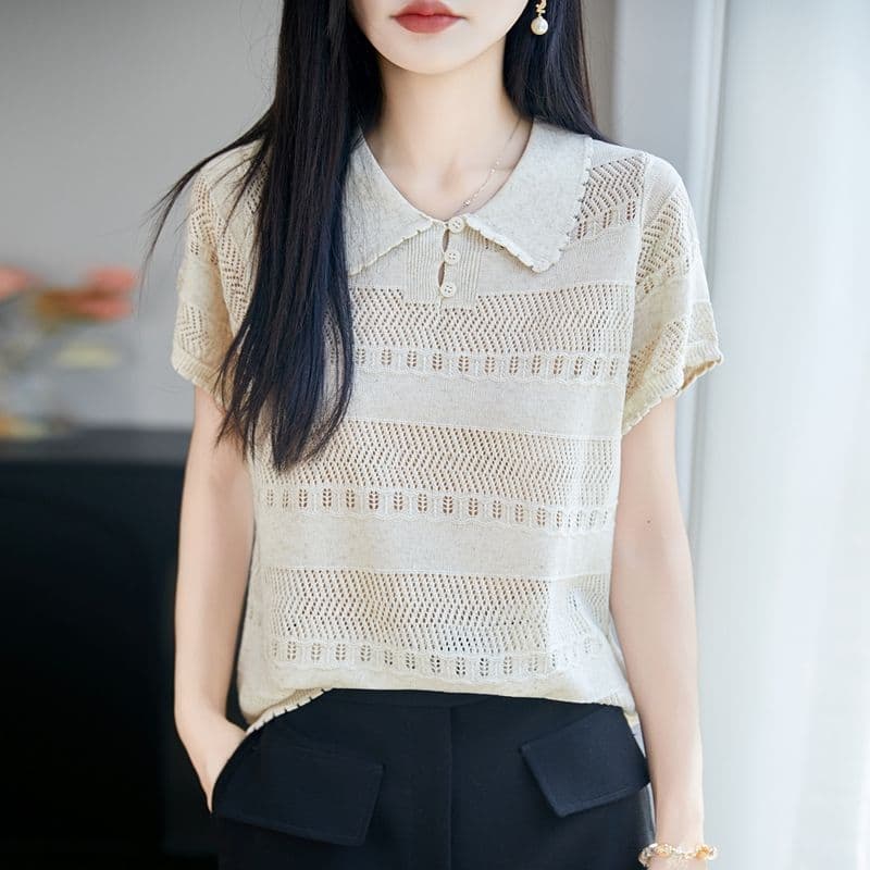 패션 여름 새로운 프랑스식 레이스 외국 가스 olo 칼라 얇고 가벼운 반팔 자수 홀로우 아웃 니트 스웨터 외출용 티셔츠 트렌디 상세 이미지 16