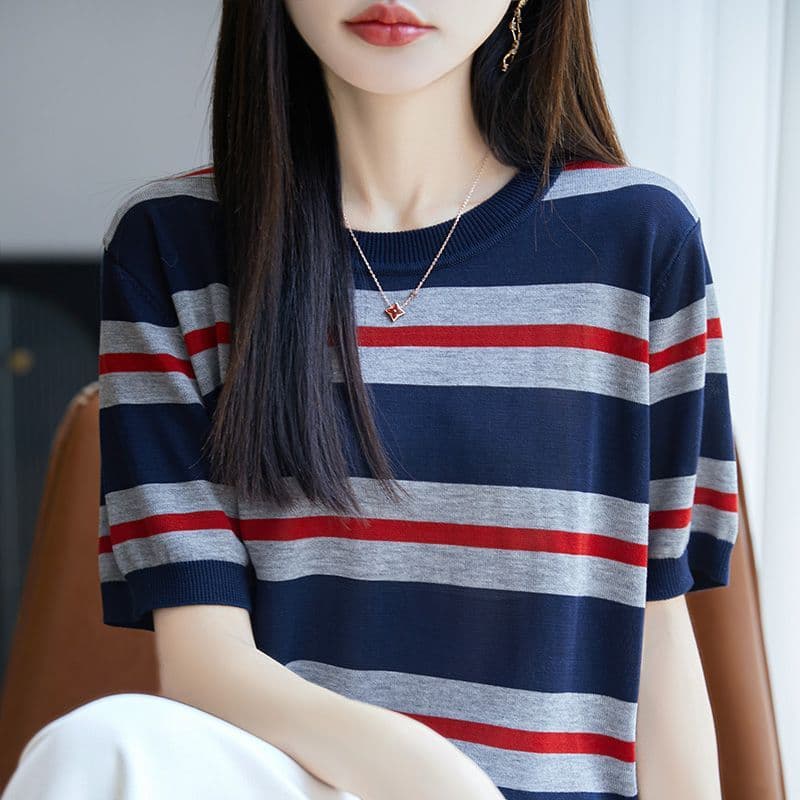 라이 경기 서울 주간 실크 여성 라운드 넥 캐주얼 스트라이프 반팔 티셔츠 니트 여름 얇은 스타일 루즈핏 연령 감소 배색 맨위 이미지 3