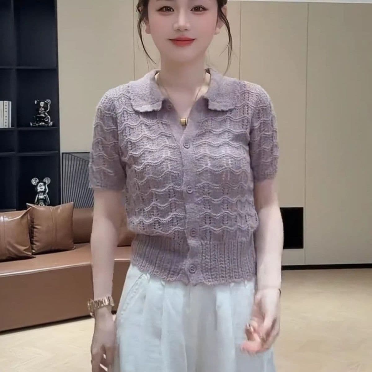 한 부서 패션 홀로우 아웃 POLO 칼라 반팔 니트 티셔츠 여성 여름 작은 샤넬 스타일 싱글 줄 버튼 다용도 슬림해 보이는 맨위 이미지 4