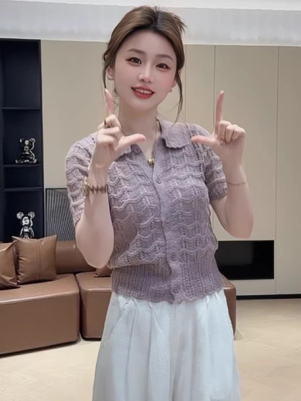 한 부서 패션 홀로우 아웃 POLO 칼라 반팔 니트 티셔츠 여성 여름 작은 샤넬 스타일 싱글 줄 버튼 다용도 슬림해 보이는 맨위 상세 이미지 8