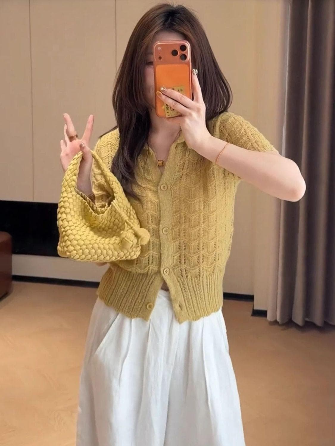 한 부서 패션 홀로우 아웃 POLO 칼라 반팔 니트 티셔츠 여성 여름 작은 샤넬 스타일 싱글 줄 버튼 다용도 슬림해 보이는 맨위 상세 이미지 10