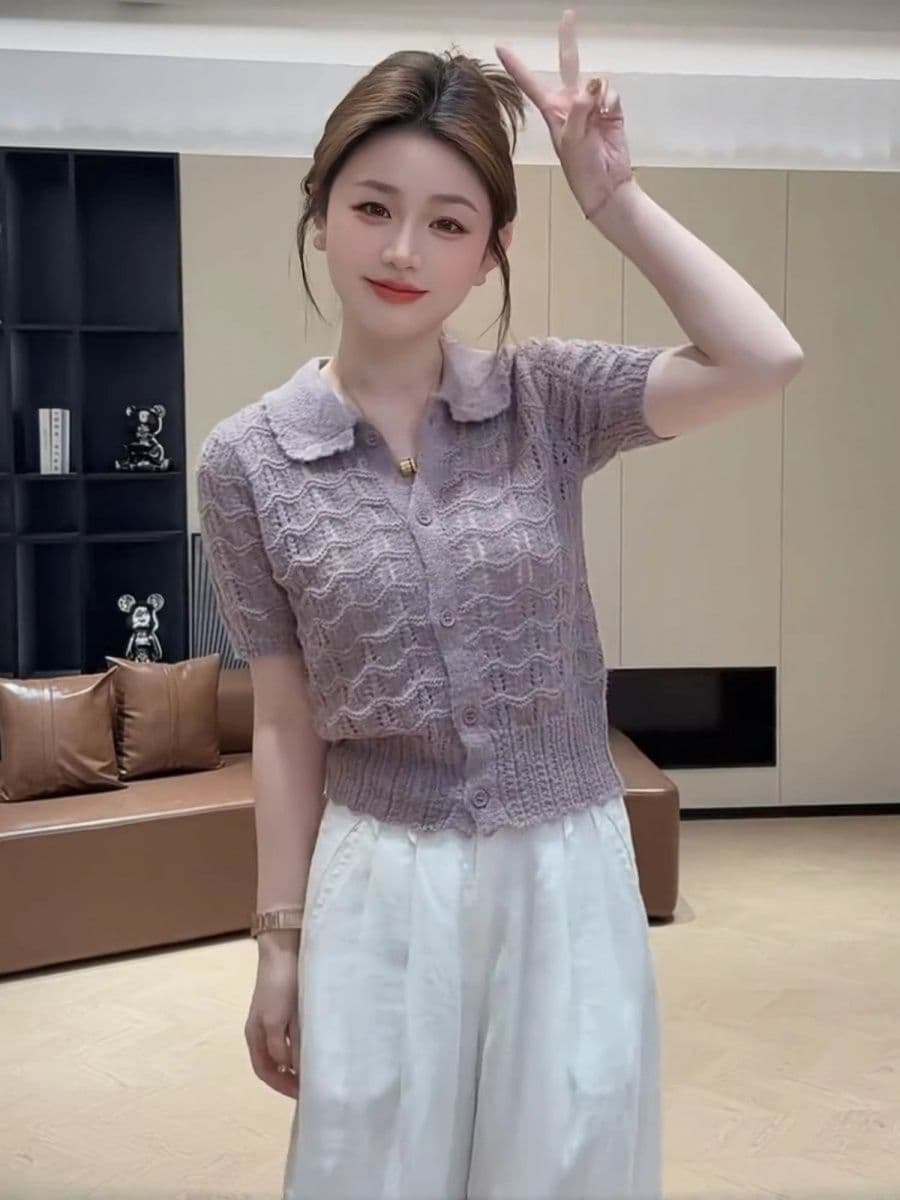 한 부서 패션 홀로우 아웃 POLO 칼라 반팔 니트 티셔츠 여성 여름 작은 샤넬 스타일 싱글 줄 버튼 다용도 슬림해 보이는 맨위 상세 이미지 16