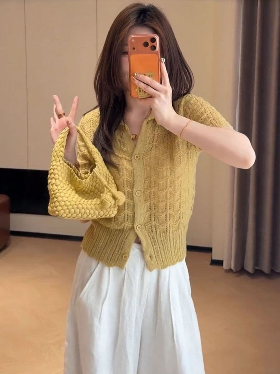 한 부서 패션 홀로우 아웃 POLO 칼라 반팔 니트 티셔츠 여성 여름 작은 샤넬 스타일 싱글 줄 버튼 다용도 슬림해 보이는 맨위 상세 이미지 17