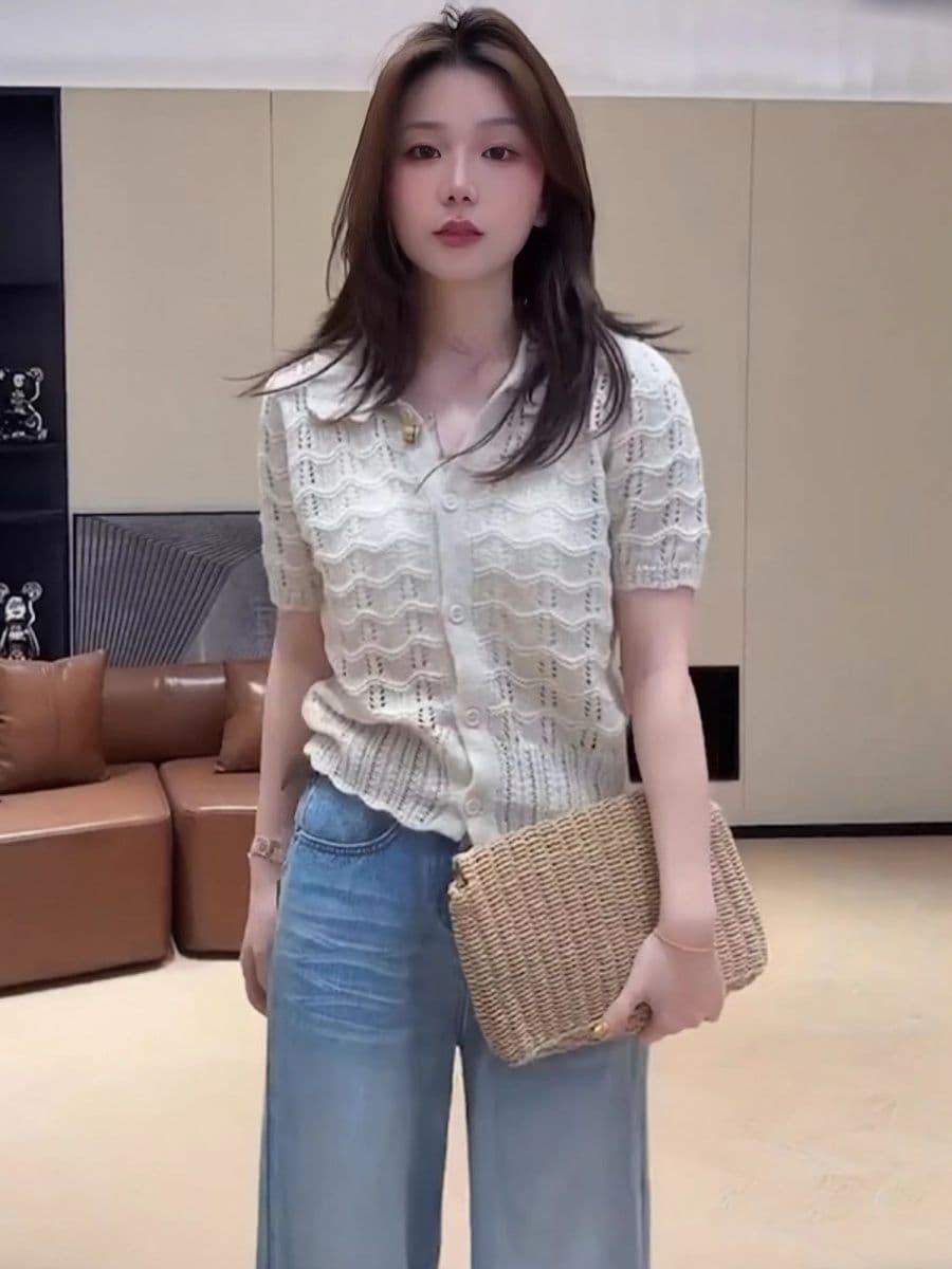 한 부서 패션 홀로우 아웃 POLO 칼라 반팔 니트 티셔츠 여성 여름 작은 샤넬 스타일 싱글 줄 버튼 다용도 슬림해 보이는 맨위 상세 이미지 18
