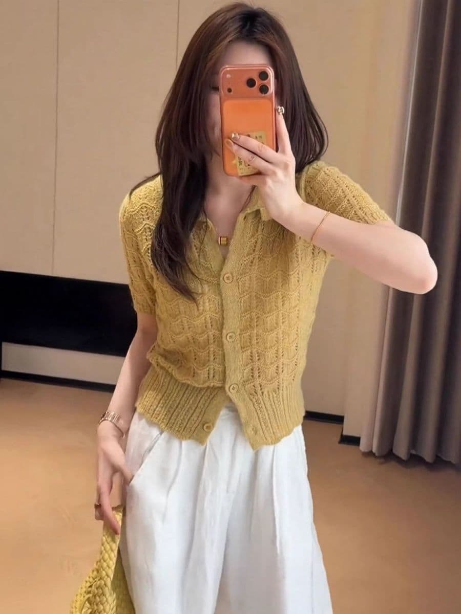 한 부서 패션 홀로우 아웃 POLO 칼라 반팔 니트 티셔츠 여성 여름 작은 샤넬 스타일 싱글 줄 버튼 다용도 슬림해 보이는 맨위 상세 이미지 19