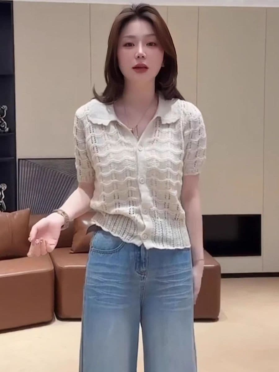 한 부서 패션 홀로우 아웃 POLO 칼라 반팔 니트 티셔츠 여성 여름 작은 샤넬 스타일 싱글 줄 버튼 다용도 슬림해 보이는 맨위 상세 이미지 20