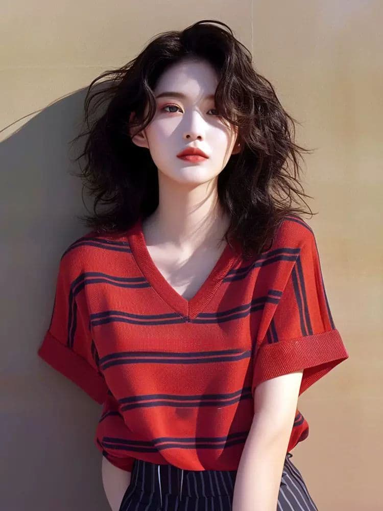 여름 한 부서 chic 외국 가스 연령 감소 고유 한 Chic 아름다운 맨위 도파민 니트 빨간색 스트라이프 티셔츠 여성 상세 이미지 3