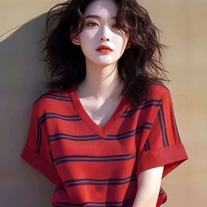 여름 한 부서 chic 외국 가스 연령 감소 고유 한 Chic 아름다운 맨위 도파민 니트 빨간색 스트라이프 티셔츠 여성 상세 이미지 7
