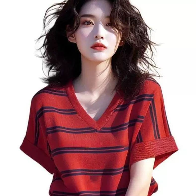 여름 한 부서 chic 외국 가스 연령 감소 고유 한 Chic 아름다운 맨위 도파민 니트 빨간색 스트라이프 티셔츠 여성 상세 이미지 10
