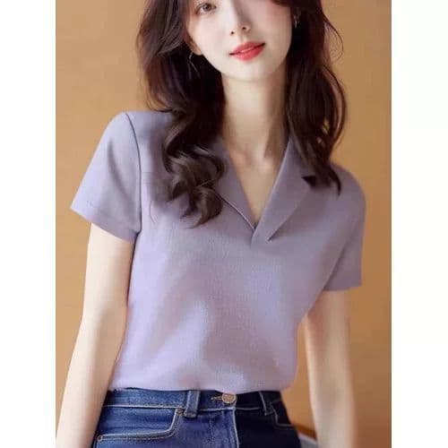 프랑스식 미니멀리즘 폴로 칼라 긍정적 인 어깨 쇼트 스타일 맨위 여성 여름 외국 가스 연령 감소 기본 셔츠 보라색 반팔 티셔츠 ins 트렌디 상세 이미지 1