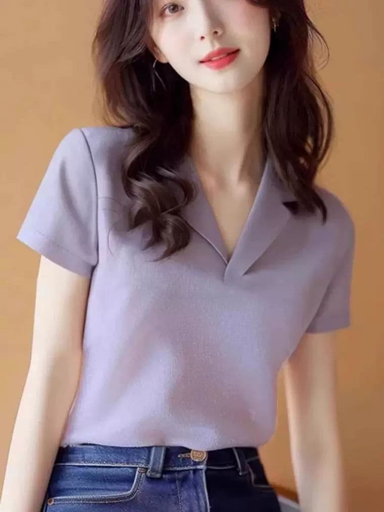 프랑스식 미니멀리즘 폴로 칼라 긍정적 인 어깨 쇼트 스타일 맨위 여성 여름 외국 가스 연령 감소 기본 셔츠 보라색 반팔 티셔츠 ins 트렌디 상세 이미지 4