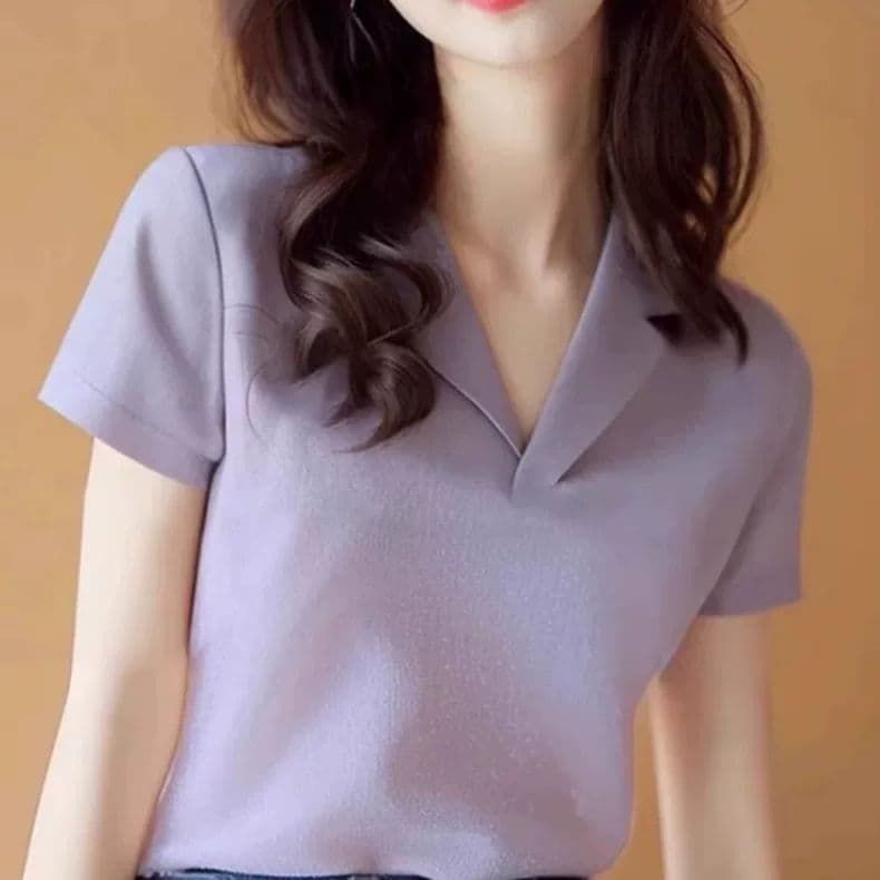 프랑스식 미니멀리즘 폴로 칼라 긍정적 인 어깨 쇼트 스타일 맨위 여성 여름 외국 가스 연령 감소 기본 셔츠 보라색 반팔 티셔츠 ins 트렌디 상세 이미지 7