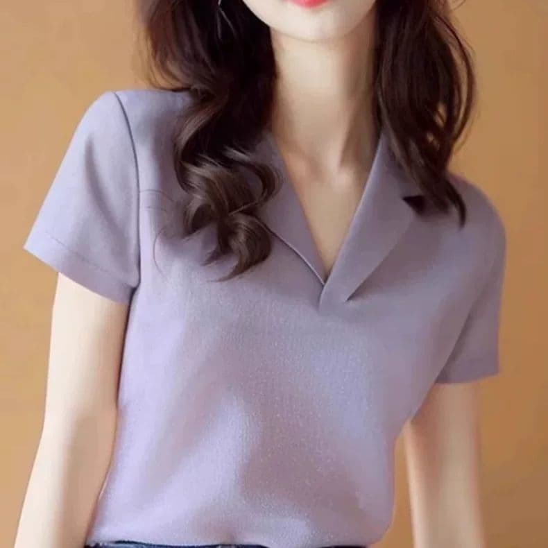 프랑스식 미니멀리즘 폴로 칼라 긍정적 인 어깨 쇼트 스타일 맨위 여성 여름 외국 가스 연령 감소 기본 셔츠 보라색 반팔 티셔츠 ins 트렌디 상세 이미지 10