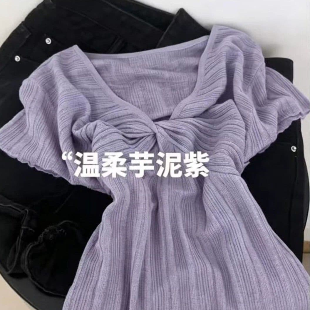 한 부서 부드러운 바람 패션 V넥 비틀림 반팔 니트 스웨터 여성 여름 디자인 센스 몸매 가꾸기 슬림해 보이는 품격 맨위 여성 상세 이미지 10