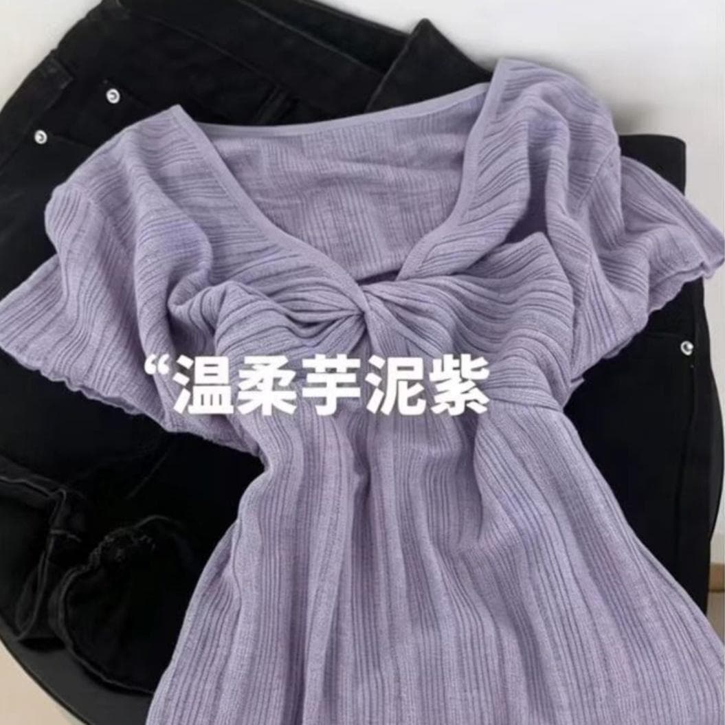 한 부서 부드러운 바람 패션 V넥 비틀림 반팔 니트 스웨터 여성 여름 디자인 센스 몸매 가꾸기 슬림해 보이는 품격 맨위 여성 상세 이미지 13