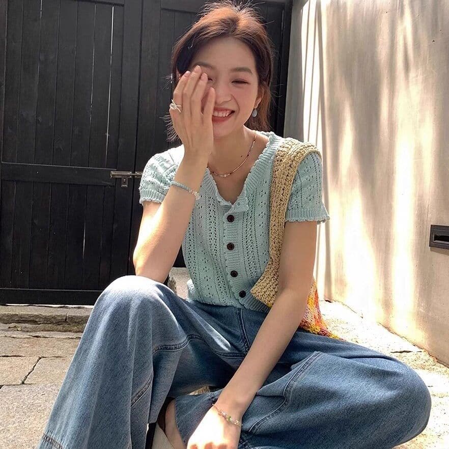 작은 대중 아름다운 프랑스식 니트 스웨터 맨위 여성 여름 홀로우 아웃 쇼트 스타일 디자인 센스 작은 청신 연령 감소 Chic 작은 셔츠 상세 이미지 31