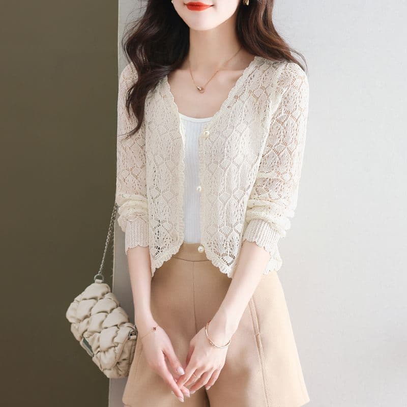 정통 뽕나무 누에 실크 자외선 차단 오픈 가디건 여성 여름 얇은 스타일 얼음 실크 외부 코디 치마 홀로우 아웃 블라우스 얼음 실크 에어컨 셔츠