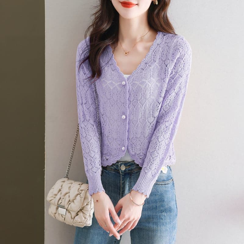 정통 뽕나무 누에 실크 자외선 차단 오픈 가디건 여성 여름 얇은 스타일 얼음 실크 외부 코디 치마 홀로우 아웃 블라우스 얼음 실크 에어컨 셔츠 상세 이미지 3