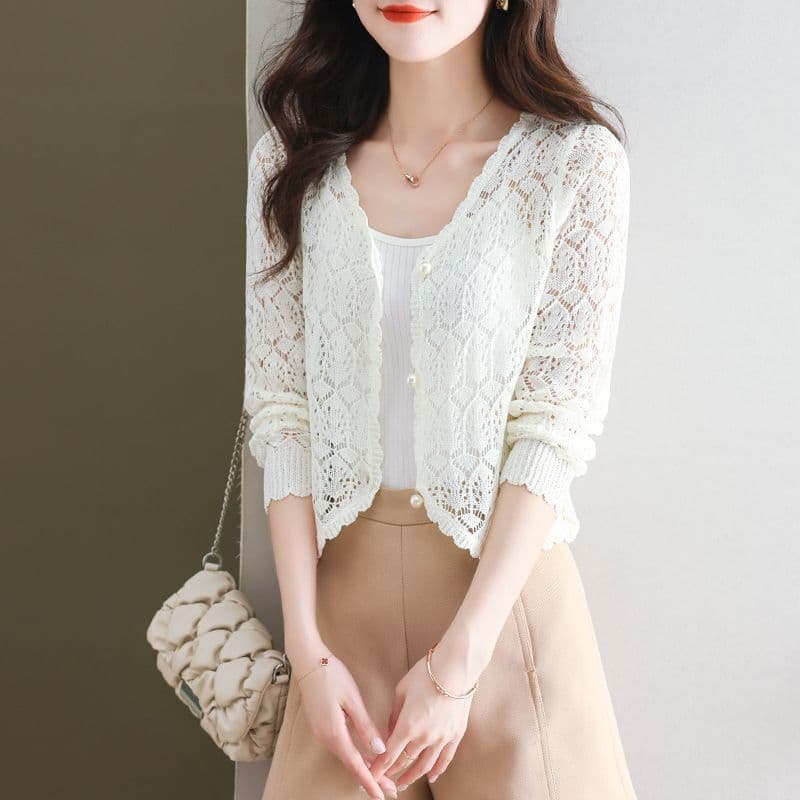 정통 뽕나무 누에 실크 자외선 차단 오픈 가디건 여성 여름 얇은 스타일 얼음 실크 외부 코디 치마 홀로우 아웃 블라우스 얼음 실크 에어컨 셔츠 상세 이미지 7