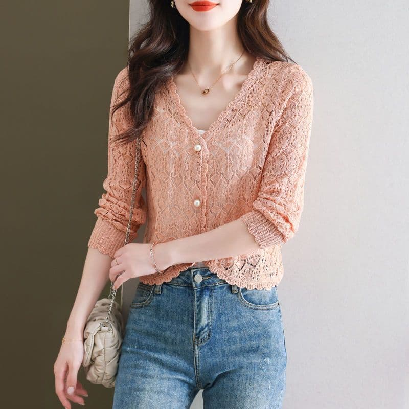 정통 뽕나무 누에 실크 자외선 차단 오픈 가디건 여성 여름 얇은 스타일 얼음 실크 외부 코디 치마 홀로우 아웃 블라우스 얼음 실크 에어컨 셔츠 상세 이미지 9