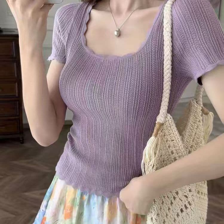 한 부서 패션 광장 칼라 구덩이 기사 반팔 니트 스웨터 여성 여름 새로운 작은 대중 몸매 가꾸기 슬림해 보이는 다용도 쇼트 스타일 맨위 상세 이미지 2