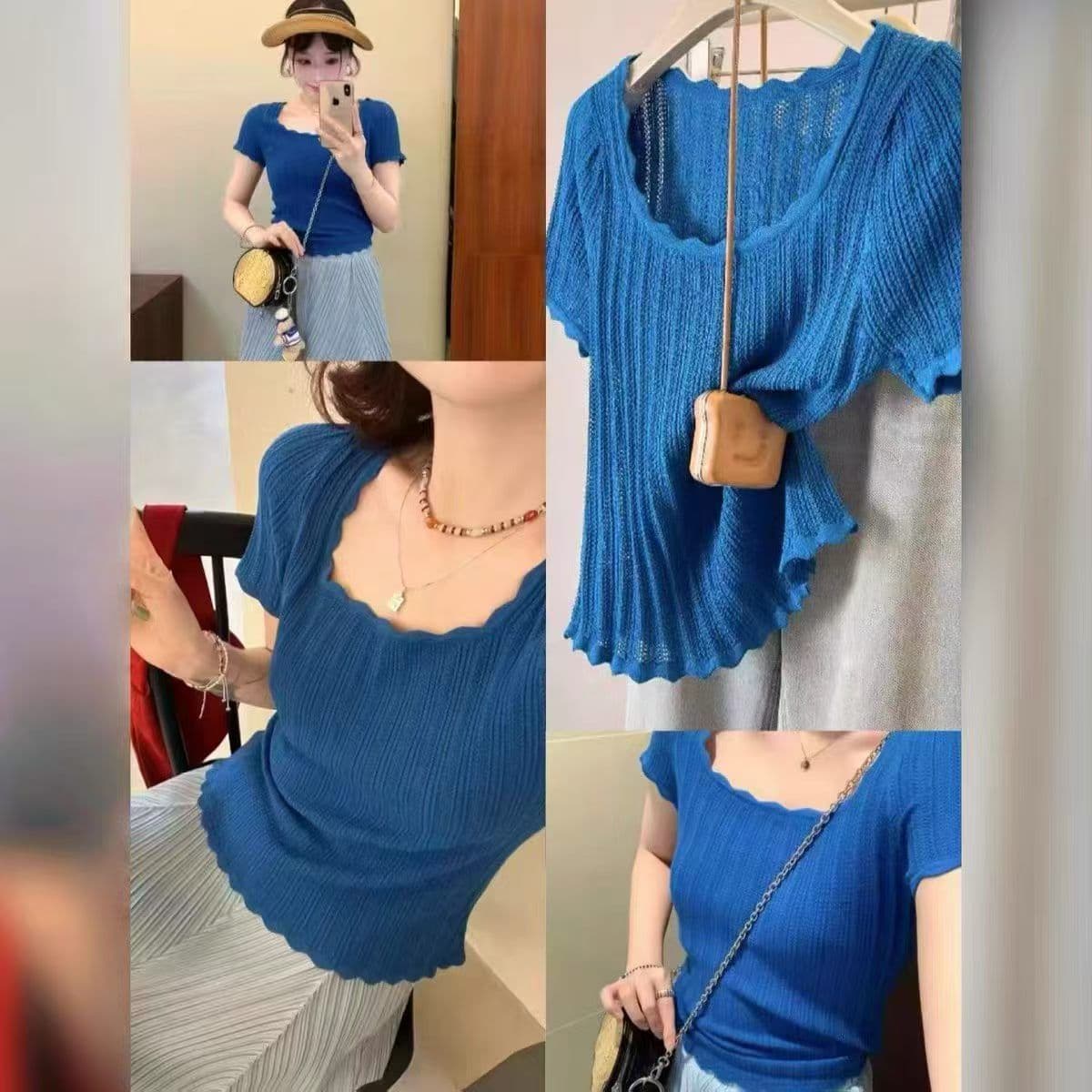 한 부서 패션 광장 칼라 구덩이 기사 반팔 니트 스웨터 여성 여름 새로운 작은 대중 몸매 가꾸기 슬림해 보이는 다용도 쇼트 스타일 맨위 상세 이미지 8
