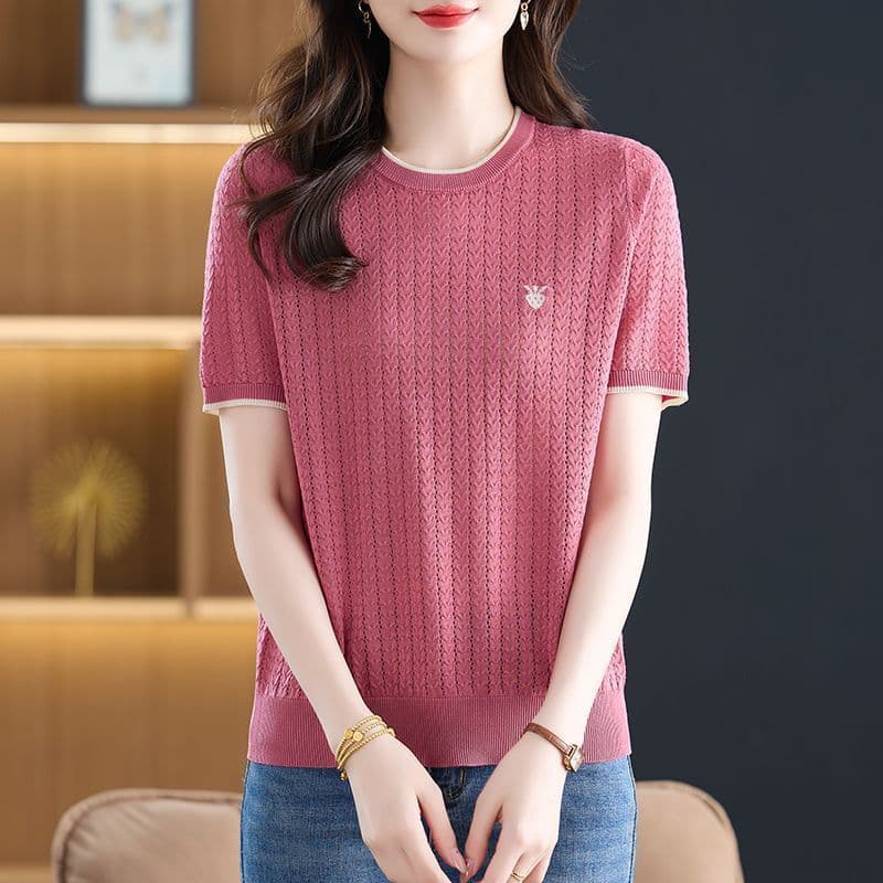 여름 새로운 패션 다용도 라운드 넥 얼음 실크 셔츠 어머니 드레스 품격 디자인 센스 루즈핏 슬림해 보이는 반팔 맨위 여성