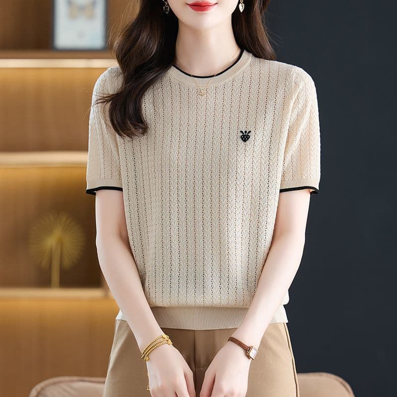 여름 새로운 패션 다용도 라운드 넥 얼음 실크 셔츠 어머니 드레스 품격 디자인 센스 루즈핏 슬림해 보이는 반팔 맨위 여성 이미지 3