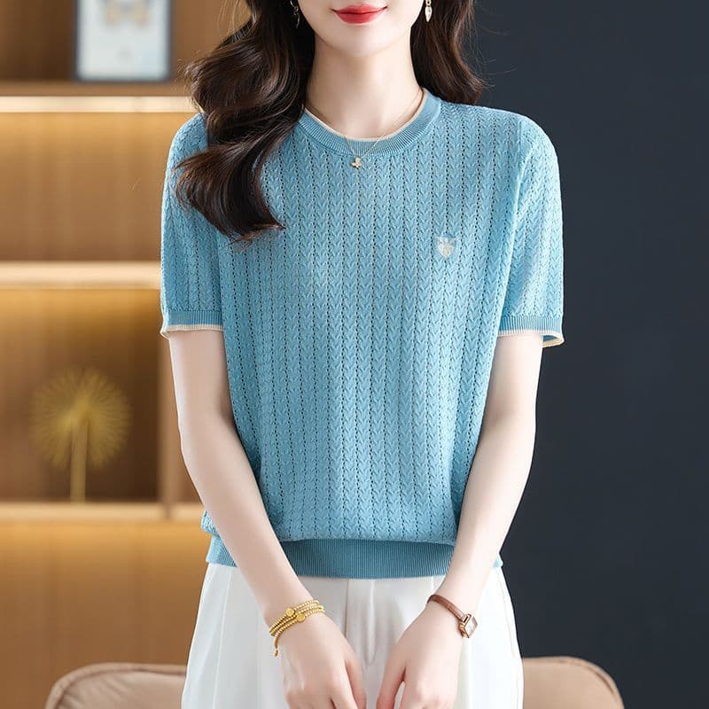 여름 새로운 패션 다용도 라운드 넥 얼음 실크 셔츠 어머니 드레스 품격 디자인 센스 루즈핏 슬림해 보이는 반팔 맨위 여성 이미지 2