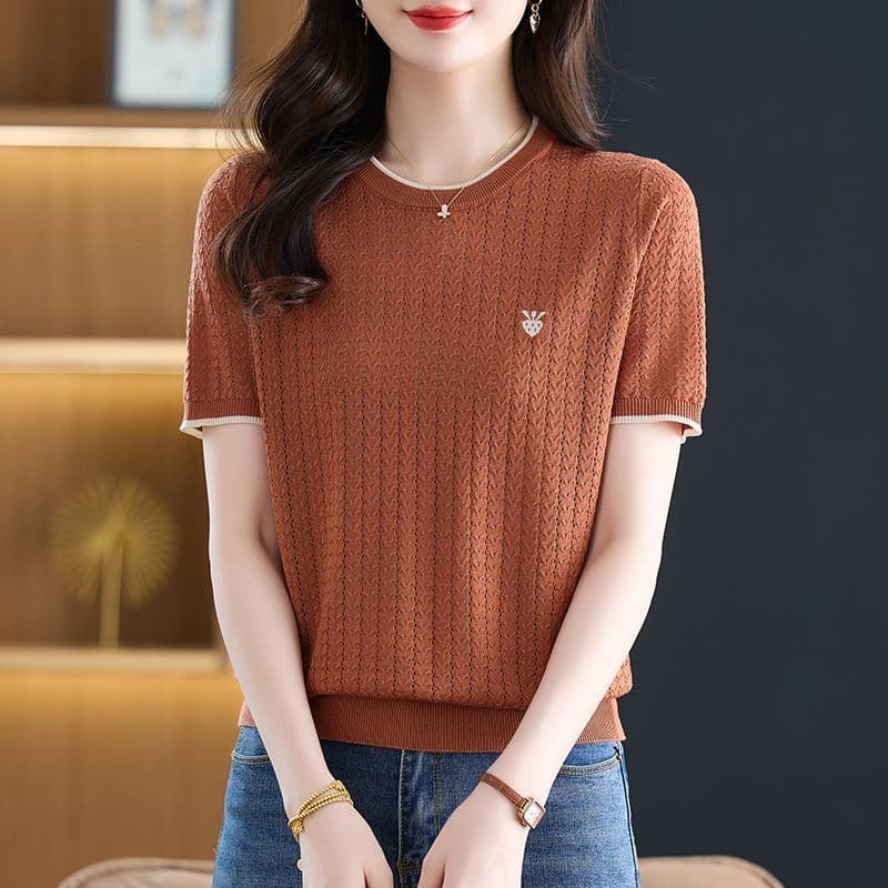 여름 새로운 패션 다용도 라운드 넥 얼음 실크 셔츠 어머니 드레스 품격 디자인 센스 루즈핏 슬림해 보이는 반팔 맨위 여성 이미지 4