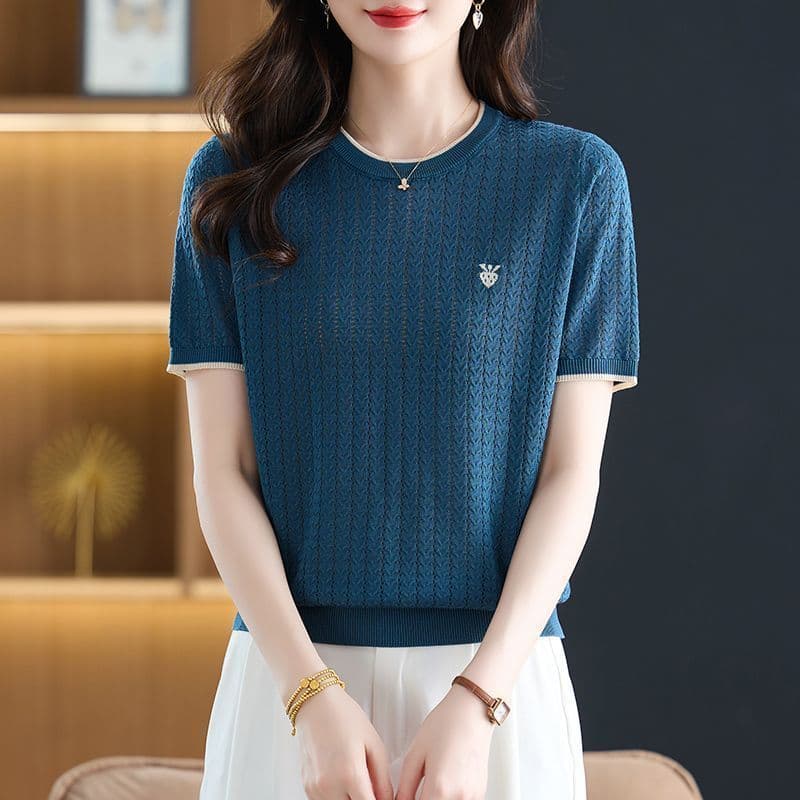 여름 새로운 패션 다용도 라운드 넥 얼음 실크 셔츠 어머니 드레스 품격 디자인 센스 루즈핏 슬림해 보이는 반팔 맨위 여성 이미지 5