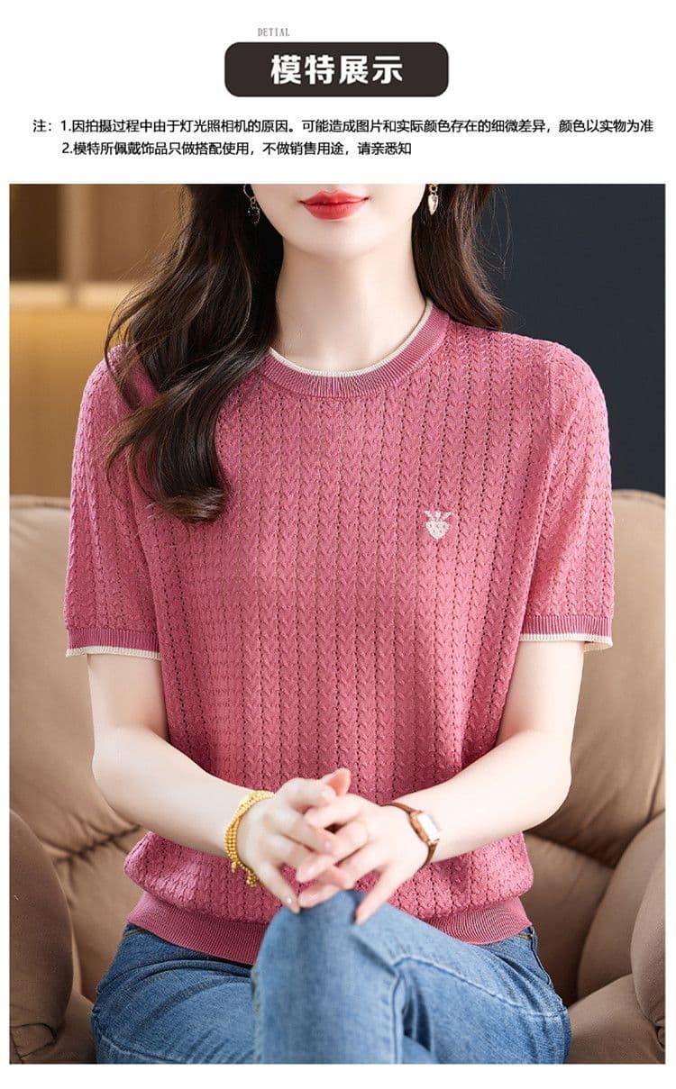 여름 새로운 패션 다용도 라운드 넥 얼음 실크 셔츠 어머니 드레스 품격 디자인 센스 루즈핏 슬림해 보이는 반팔 맨위 여성 상세 이미지 8