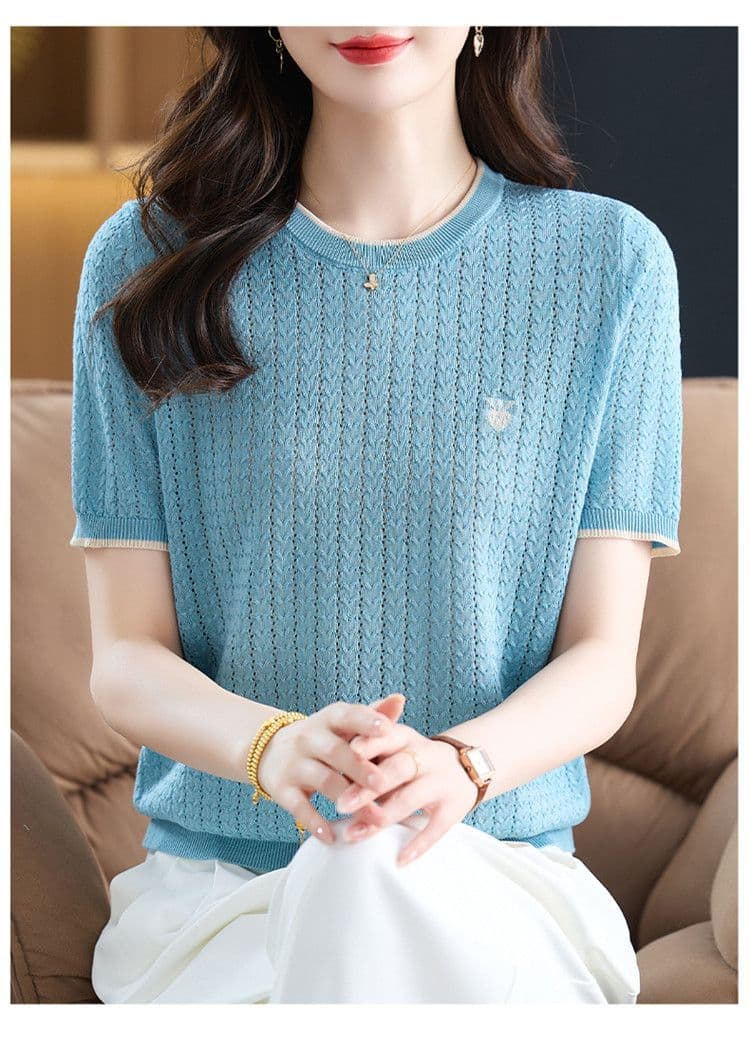 여름 새로운 패션 다용도 라운드 넥 얼음 실크 셔츠 어머니 드레스 품격 디자인 센스 루즈핏 슬림해 보이는 반팔 맨위 여성 상세 이미지 14