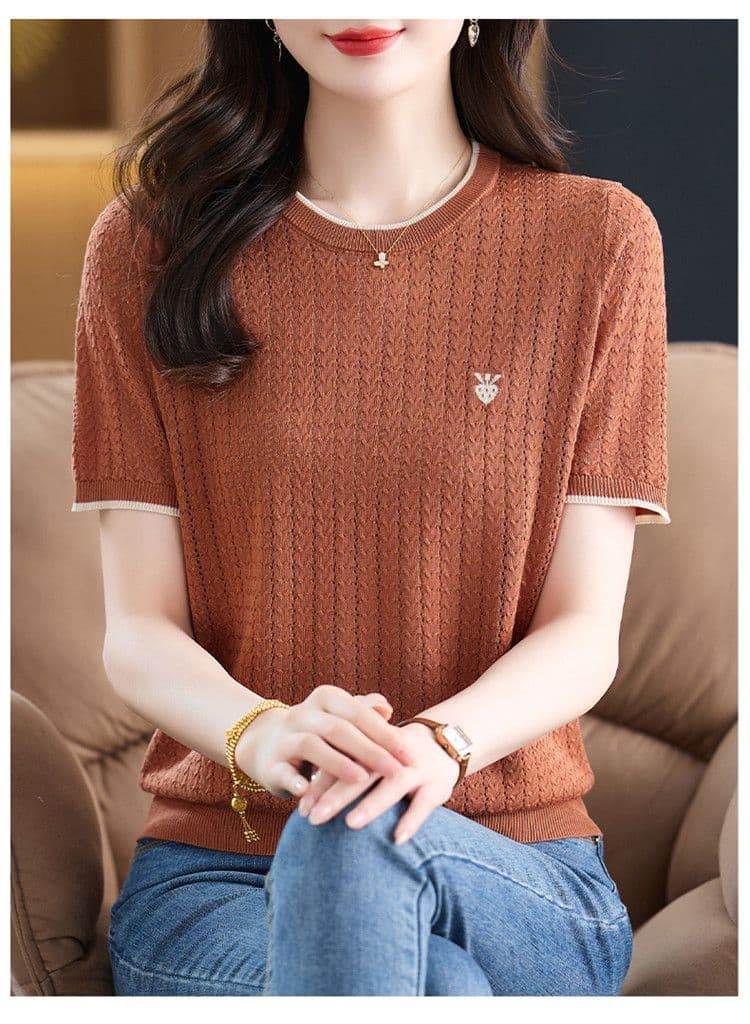 여름 새로운 패션 다용도 라운드 넥 얼음 실크 셔츠 어머니 드레스 품격 디자인 센스 루즈핏 슬림해 보이는 반팔 맨위 여성 상세 이미지 17
