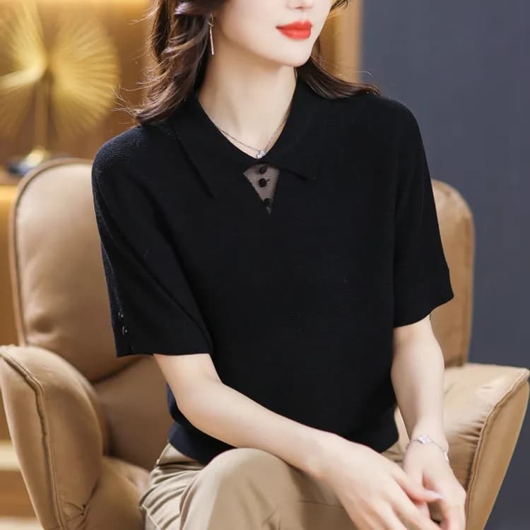 여름 얼음 실크 반팔 티셔츠 여성 얇은 스타일 polo 망사 단추 품격 니트 스웨터 루즈핏 빅 사이즈 다용도 맨위 이미지 4