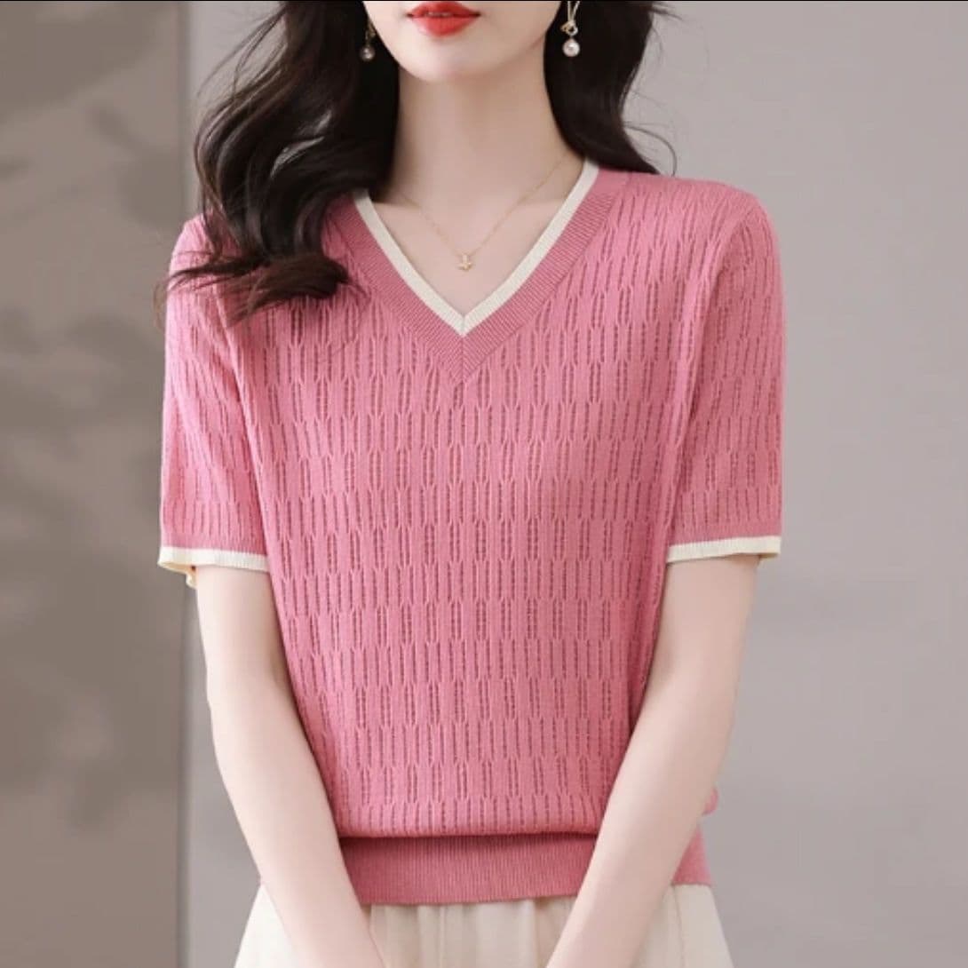 V넥 반팔 티셔츠 여성 여름 2026 새로운 빅 사이즈 연령 감소 패션 연령 감소 표지 고기 외국 가스 얼음 실크 니트 스웨터 맨위 상세 이미지 16