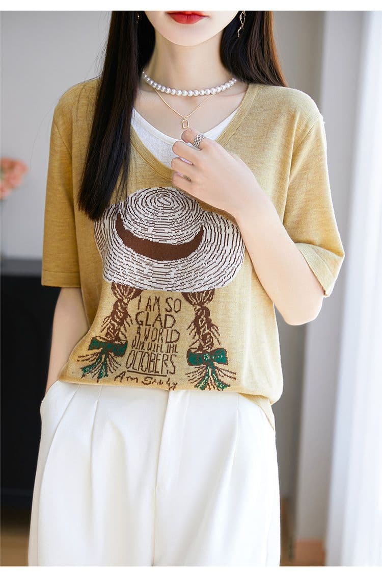페이크 레이어드 반팔 티셔츠 여성 루즈핏 V넥 주간 실크 니트 스웨터 외국 가스 슬림해 보이는 연령 감소 새로운 자카드 얇은 스타일 맨위 상세 이미지 9