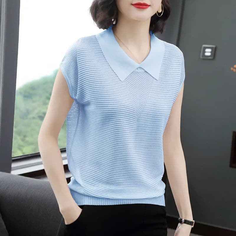 여름 새로운 빅 사이즈 루즈핏 민소매 티셔츠 폴로 칼라 얼음 실크 니트 슬림해 보이는 얇은 스타일 다용도 패션 연령 감소 맨위 이미지 3