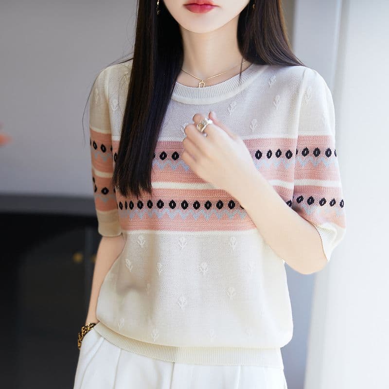 여름 새로운 유럽 오간자 질감 니트 반팔 티셔츠 여성 루즈핏 인사이드 가져 가라. 낮음 라운드 넥 만나는 얇은 맨위 반소매 이미지 3