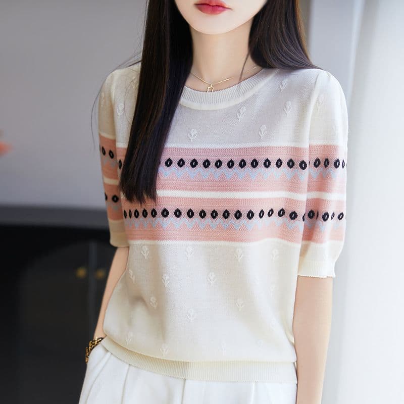 여름 새로운 유럽 오간자 질감 니트 반팔 티셔츠 여성 루즈핏 인사이드 가져 가라. 낮음 라운드 넥 만나는 얇은 맨위 반소매 상세 이미지 19