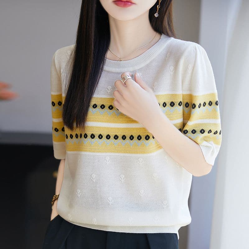 여름 새로운 유럽 오간자 질감 니트 반팔 티셔츠 여성 루즈핏 인사이드 가져 가라. 낮음 라운드 넥 만나는 얇은 맨위 반소매 상세 이미지 24