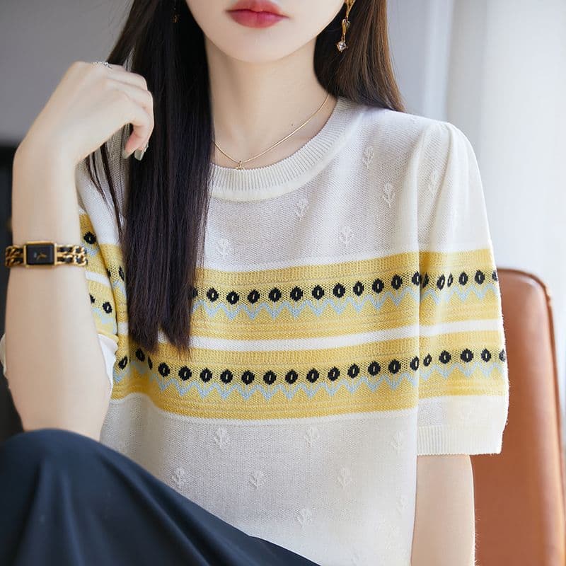 여름 새로운 유럽 오간자 질감 니트 반팔 티셔츠 여성 루즈핏 인사이드 가져 가라. 낮음 라운드 넥 만나는 얇은 맨위 반소매 상세 이미지 25