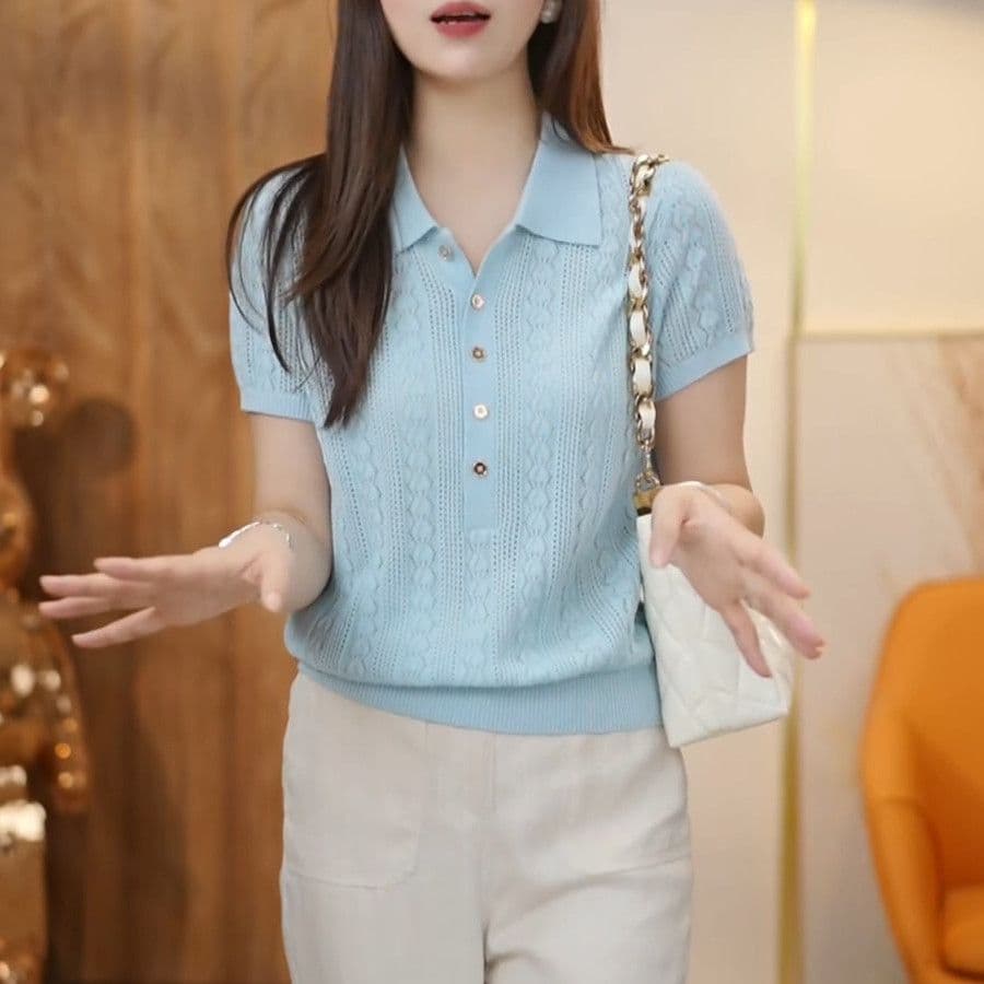 주간 실크 라이 경기 서울 여름 POLO 칼라 단색 홀로우 아웃 니트 스웨터 여성 2026 새로운 루즈핏 다용도 품격 맨위 상세 이미지 3