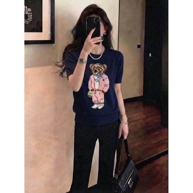 귀여운 연령 감소 자수 작은 곰 2026 여름 홀로우 아웃 반팔 새로운 패션 다용도 얼음 실크 니트 고급 여성 의류 상세 이미지 17