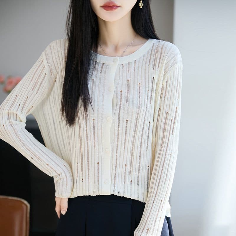 2026 새로운 슬림해 보이는 라운드 넥 홀로우 아웃 외국 가스 얇고 가벼운 오픈 가디건 여성 제발 차가운 센스 통기성 에어컨 숄 루즈핏 재킷 이미지 2